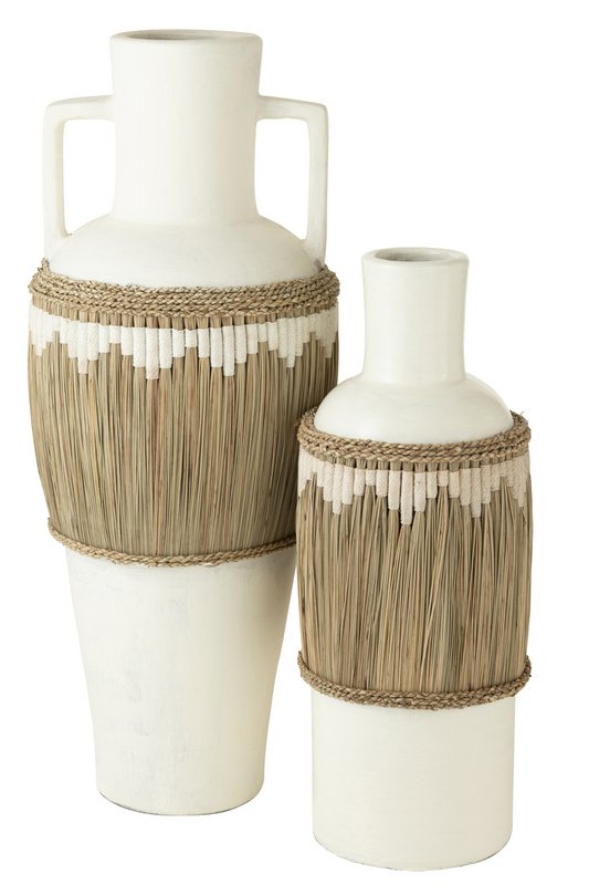 J-Line Vase+Poignées Motif Terre Cuite/Herbe Blanc/Naturel