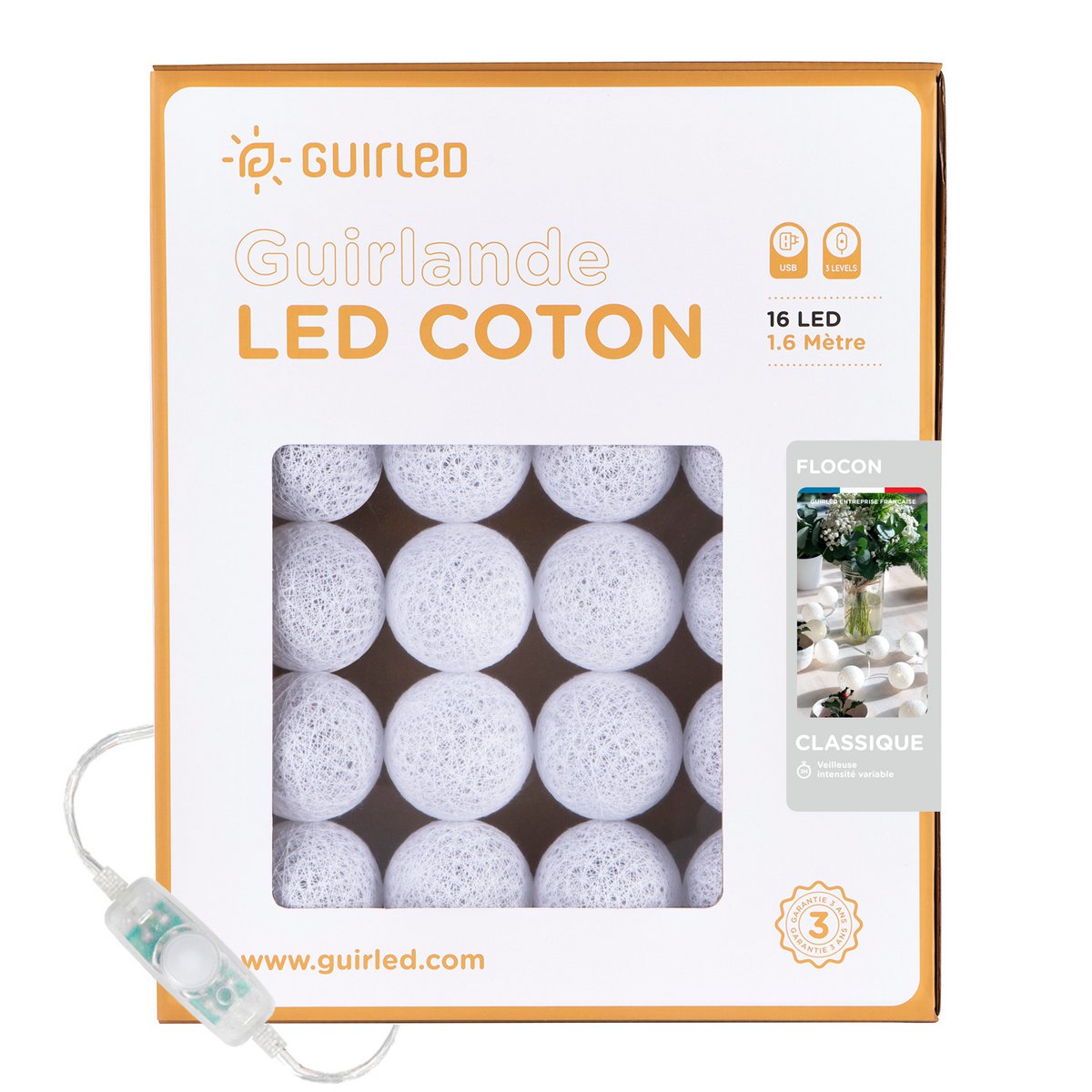 Snowflake Classic Light garland with USB LED cotton balls