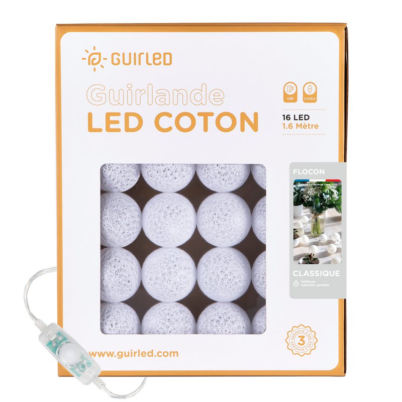 Flocon Classique Guirlande lumineuse boules coton LED USB