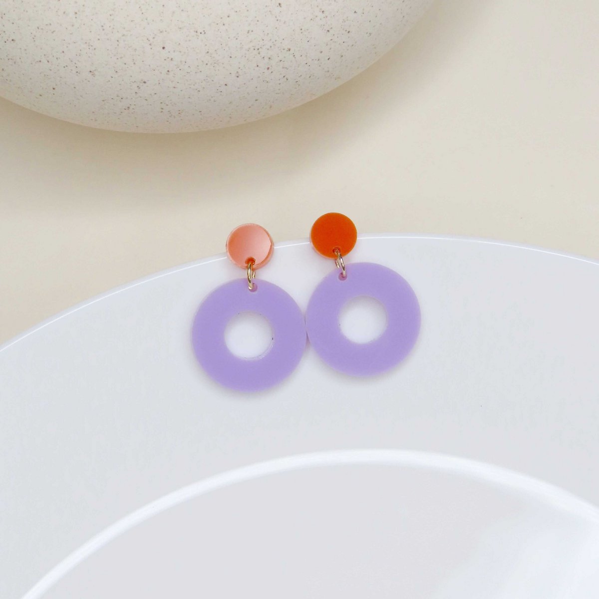 Colorblock Circle stud earrings in orange and lilac