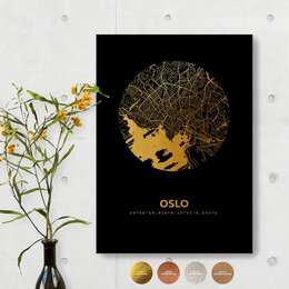 Round wall art featuring a map of Oslo in gold, available in various sizes and colors including black, gold, copper, rose gold, silver, and white.