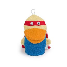 Colorful superhero-themed cotton washing glove for kids' bath time. Features a bright yellow duck with red accents and a blue body.
