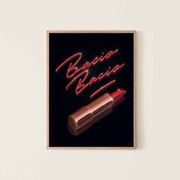 "Bacio Bacio" poster featuring a close-up of a red lipstick tube against a dark background. The text "Bacio Bacio" is prominently displayed in a bold, red font.
This poster appears to be advertising or promoting a lipstick or cosmetic product called "Bacio Bacio". The close-up of the lipstick tube and the bold, stylized text create a visually striking and eye-catching design. The dark background helps the red lipstick and text stand out, giving the image a dramatic and alluring feel.
This description would be suitable for including in a search index or database to help customers find this product image when searching for terms related to lipstick, cosmetics, or fashion.