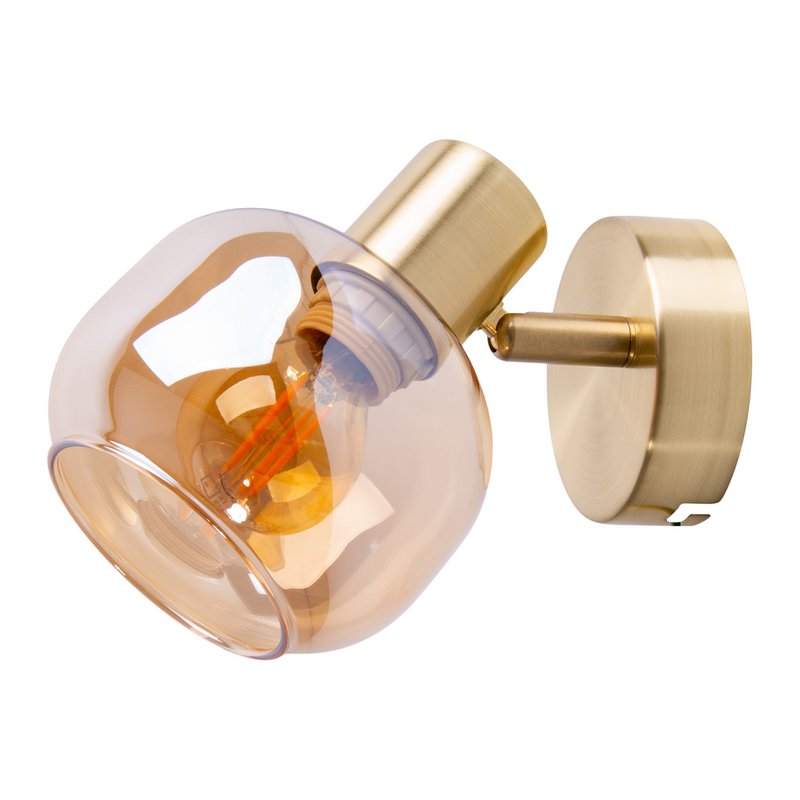 Spot muro di vetro "Libby", classica lampada da parete in metallo color ottone e vetro colorato in ambra, con presa E14, per sala da pranzo, soggiorno, corridoio o ufficio, 16 cm