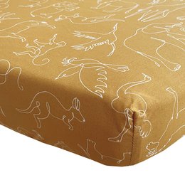Fitted sheet in a warm beige color with a subtle, abstract pattern of organic shapes and lines.