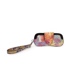 Leather eyewear case with colorful paisley arabesque pattern, floral design, wrist strap, multiple color variants.