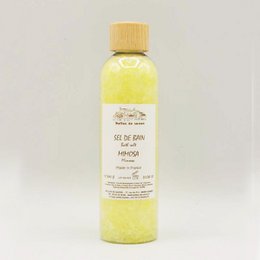 Mimosa-scented bath salts in a 300g bottle. Relaxing and rejuvenating bath soak with natural ingredients.