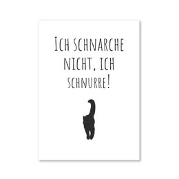 Rectangular black and white magnet with text "ich schnarche nicht, ich schnurre!" and a silhouette of a cat.