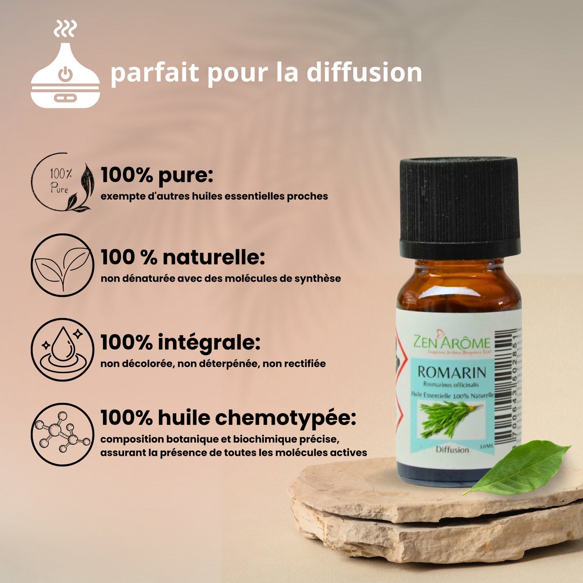 Etherische olie - Rozemarijn - 10 ml - Gebruik voor diffusie - Verpakt in Frankrijk