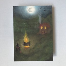 Whimsical fantasy scene with a glowing campfire, silhouetted figures, and a full moon in the night sky. The image evokes a sense of mystery and enchantment.