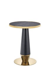  Black marble look round pedestal dining table with gold brass base, modern minimalist style