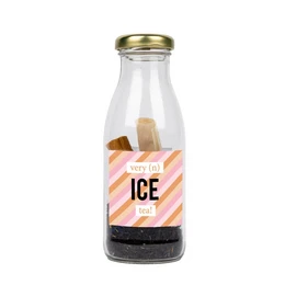 A clear glass bottle containing ice tea. The bottle has a gold-colored metal lid and a label with a pink and white striped design and the text "ICE".