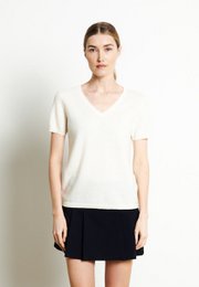 LILLY 14 Ecru hvid kortærmet kashmir sweater med V-hals