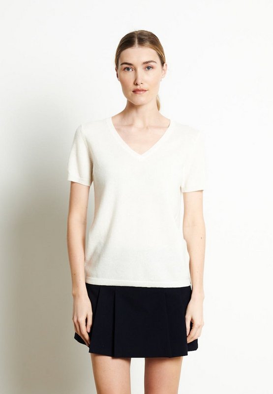 LILLY 14 Ecru hvid kortærmet kashmir sweater med V-hals