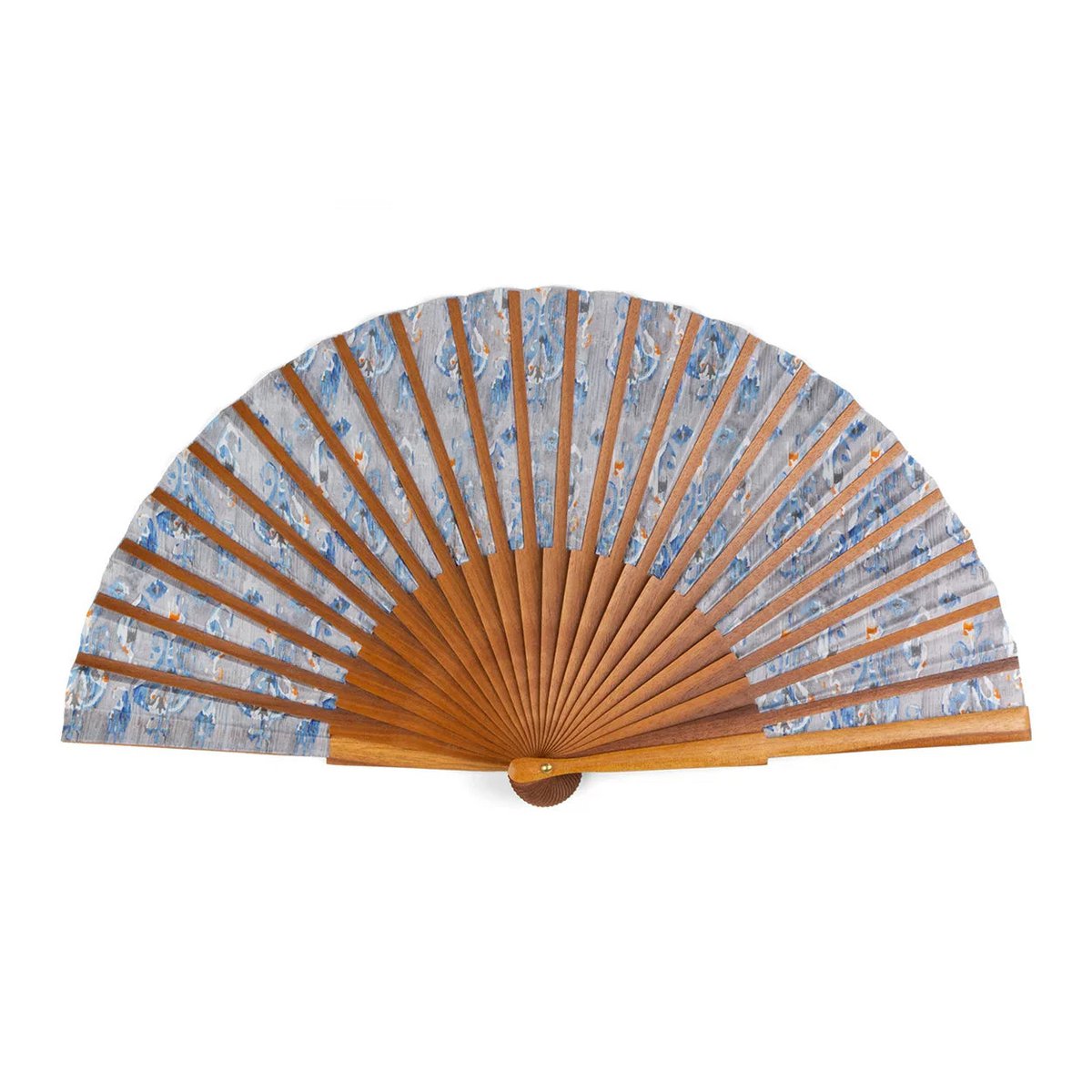 Handgefertigter Seidenlüfter mit blauem Ikat -Muster