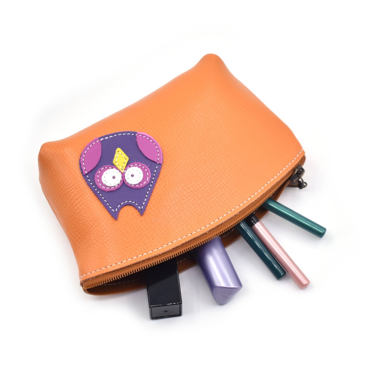 Violeta the Owl Orange Leather Makeup Bag