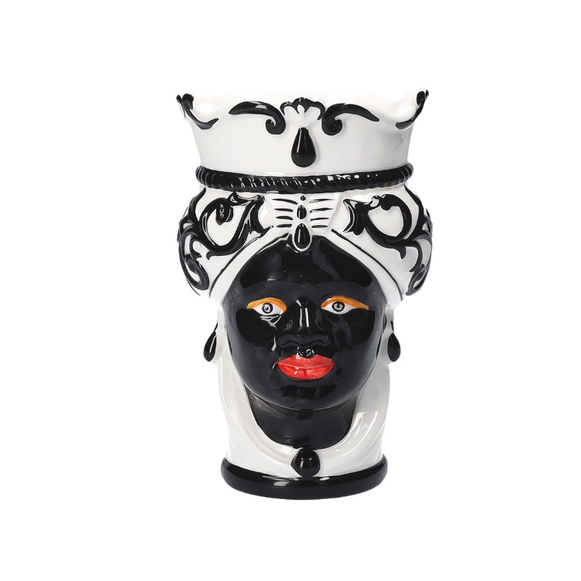 Weiß/schwarze Keramikvase mit Frauenkopf, H 20 x Ø 14 cm (klein)