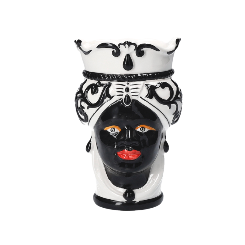 Weiß/schwarze Keramikvase mit Frauenkopf, H 20 x Ø 14 cm (klein)