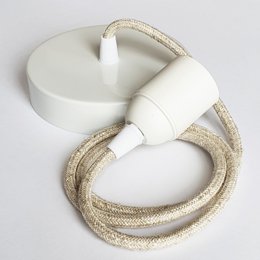 Textile cable for suspension lamp shade in white and natural colors. Cylindrical shape with woven fabric texture.