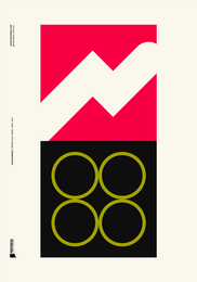 Geometric wall art with red triangles and yellow circles on a black background. Available in various sizes including A5, A4, A3, 70x100 cm, and 100x150 cm.