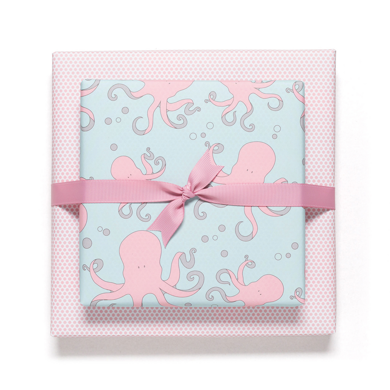 Papier d'emballage à la menthe et rose avec des poulpes, le papier d'emballage des enfants avec un motif de poulpe pour l'anniversaire des enfants, pour des cadeaux pour la naissance ou le baptême
