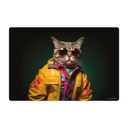  Desk Mat Filou - A colorful, patterned desk mat featuring a cat wearing a yellow raincoat and scarf.