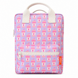  Medium-sized backpack with a colorful milkshake pattern, suitable for kids. The backpack has a sturdy handle and is made of durable materials.