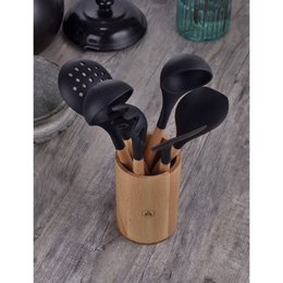 LAGUIOLE Kitchen Utensil 5 Pieces: Skimmer, Ladle, Spatula, Basting Brush, Spaghetti Spoon, Frying, Sauce, Non-Stick, Black - Silicone - Light Wood