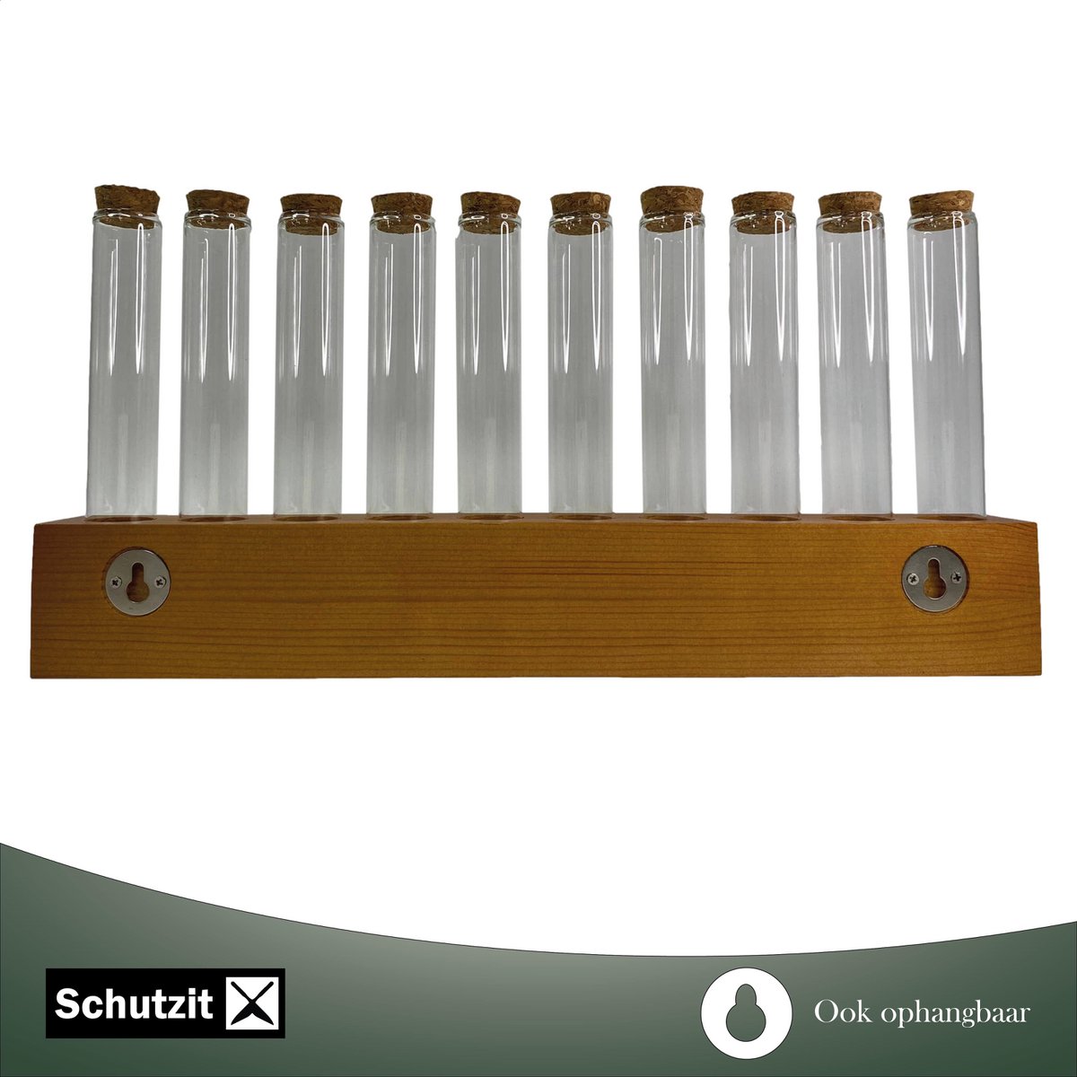 Schutzit - Kruidenrek Hout Ophangbaar - 10 Reageerbuisjes met Kurk - Kruidenrekje Hout - Glazen Potjes Reageerbuis