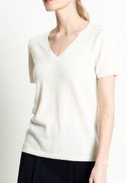 LILLY 14 Ecru hvid kortærmet kashmir sweater med V-hals