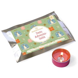 A round, tall red tealight candle in a decorative box with a green and white pattern featuring illustrations of snowmen. The product is titled "Fortune's Light of Luck / Your Light / Your Advent Light / VE 15" and is categorized as Tealights.