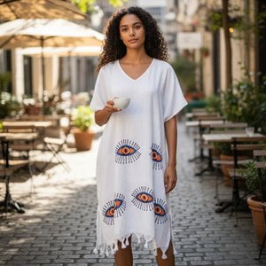 White Bamboo Kaftan with Eye Pattern & Fringes - Boho Beach Dress - One Size