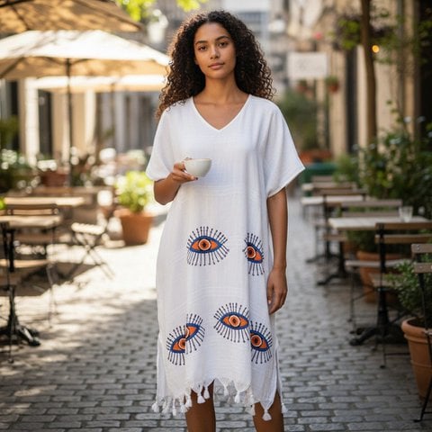 Kaftan van wit bamboe met oogpatroon en franjes - Boho strandjurk - één maat