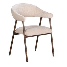 Tan upholstered dining chair with curved backrest and wooden legs.
