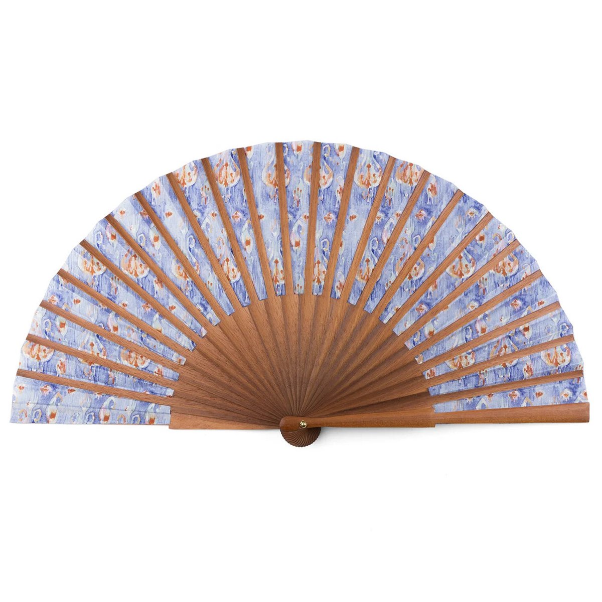 Blau und orange handgefertigte Ikat-inspirierte Seidenlüfter