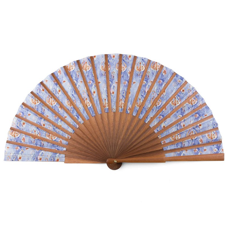 Blau und orange handgefertigte Ikat-inspirierte Seidenlüfter