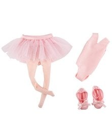 A pink tutu skirt, ballet slippers, and leg warmers for a ballet-themed outfit for kids.