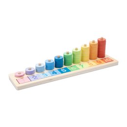 Colorful wooden counting toy with stacking blocks, numbers, and shapes for teaching kids to count and learn basic math skills.