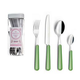 A 24-piece cutlery set in a window box, featuring a variety of colorful stainless steel utensils including forks, knives, and spoons.