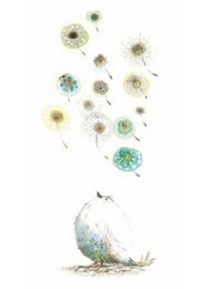 A set of white and green dandelion-like flowers floating above a small bird. The flowers have a delicate, ethereal quality, with hints of blue and green accents.
