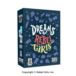 A colorful board game box featuring the title "Dreams for Rebel Girls" with various illustrations of female empowerment symbols and icons.
