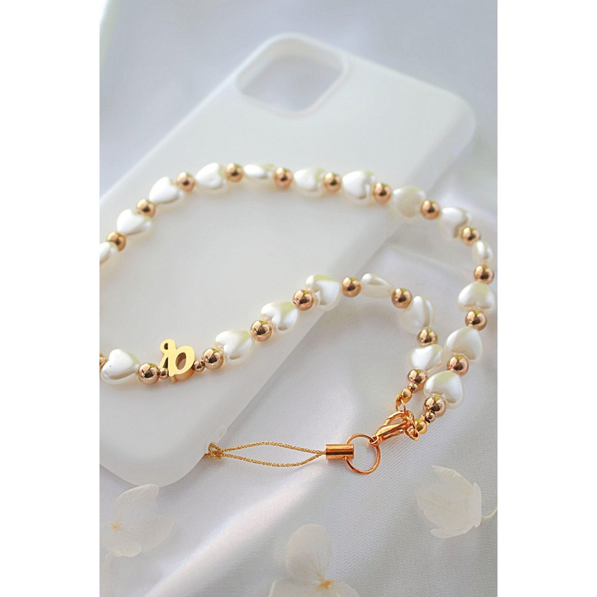 18K aangepaste initiële | Hart parels kralen Lanyard
