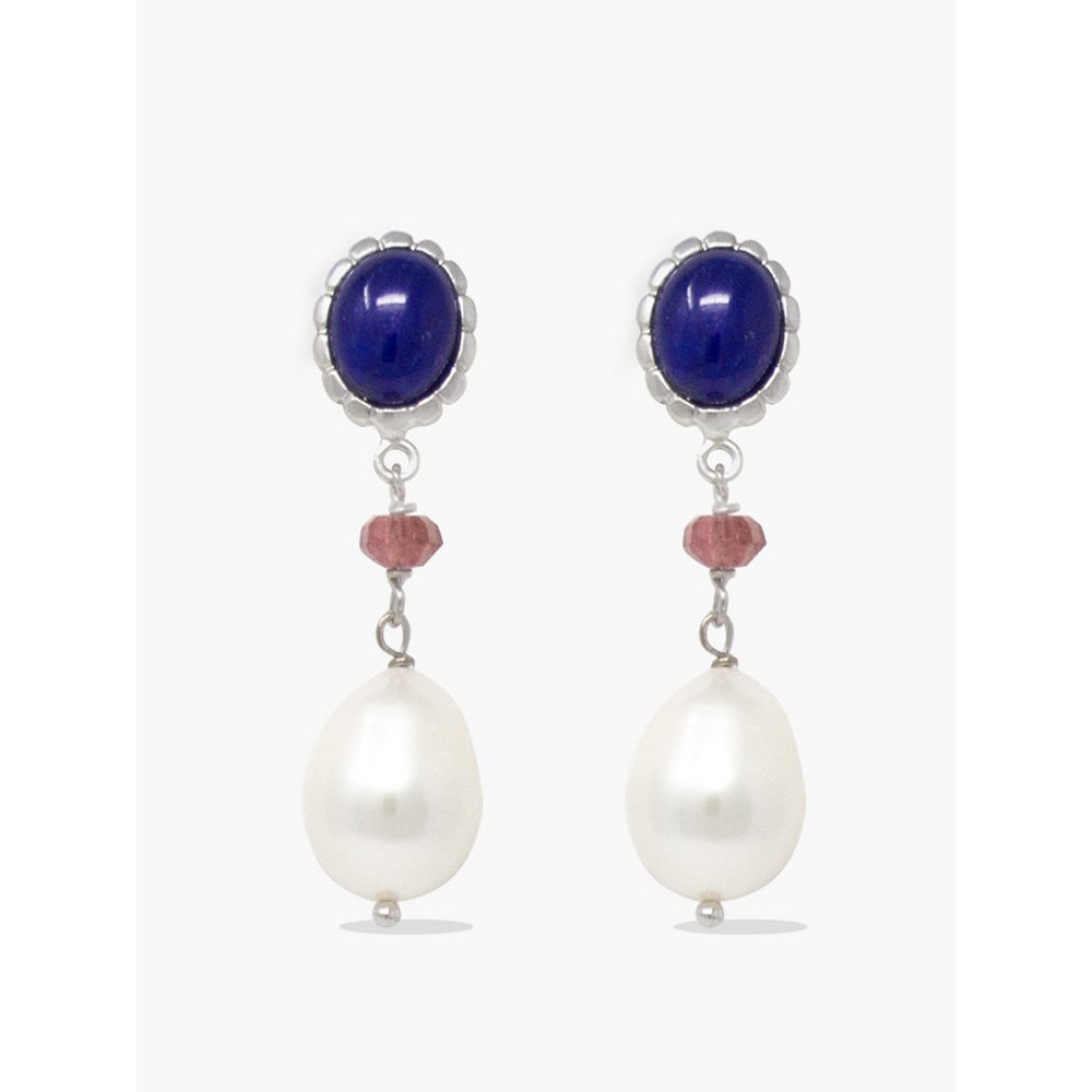 Lapis, roze kwarts en parel oorbellen
