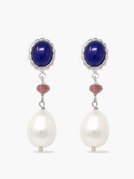 Lapis, roze kwarts en parel oorbellen
