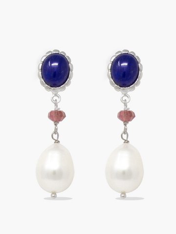 Lapis, Pink Quartz & Pearl Drop Earrings