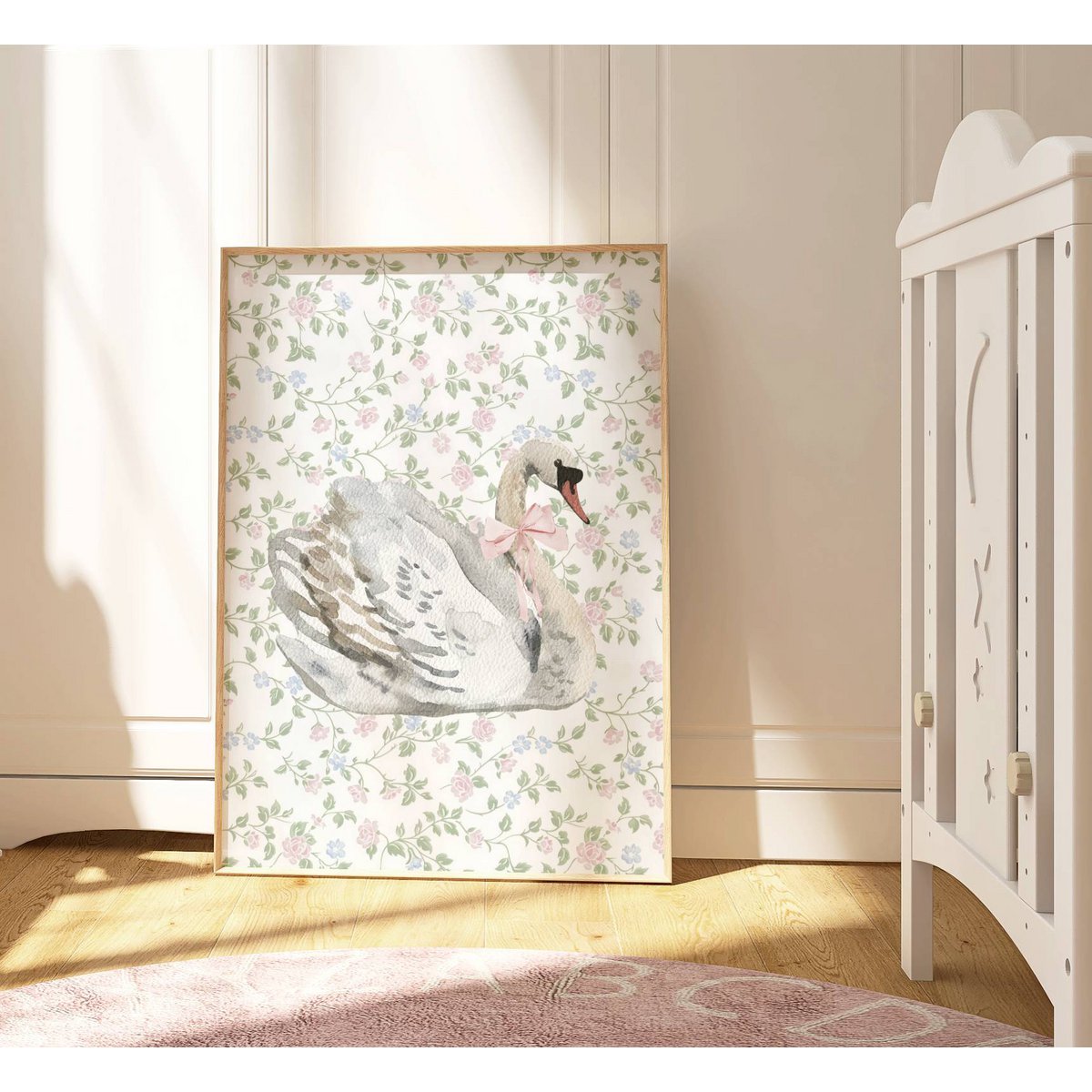 Zwaan met roze boogposter, vintage Swan -poster, roze boogafdruk, meisjes boogposter, roze meisjeskamer poster, meisjes kwekerij poster