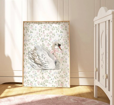 Swan mit rosa Bogenplakat, Vintage -Schwanplakat, rosa Bogenabdruck, Girls Bogenplakat, rosa Mädchenzimmerplakat, Mädchen -Kindergarten -Poster