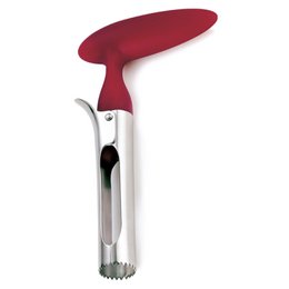 Red and white apple core cutter with lever opener, stainless steel kitchen tool for fruit preparation.