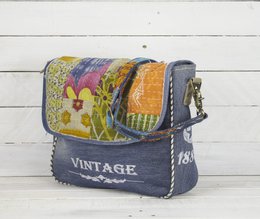Sac à bandoulière durable Sunsa pour femmes. Sac à bandoulière fabriqué à partir de jeans recyclés et de tissu sari (toile). Sac à main style rétro vintage. Sac bandoulière pour femme.