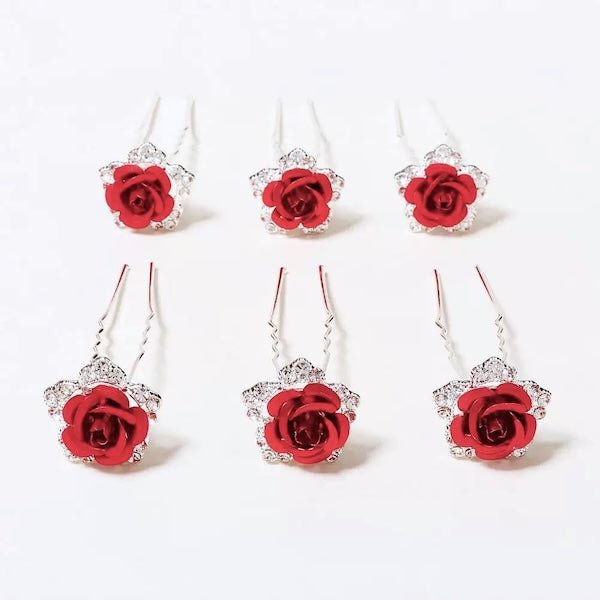 Scarlet Rose Bridal Hair Pins-One set of 8